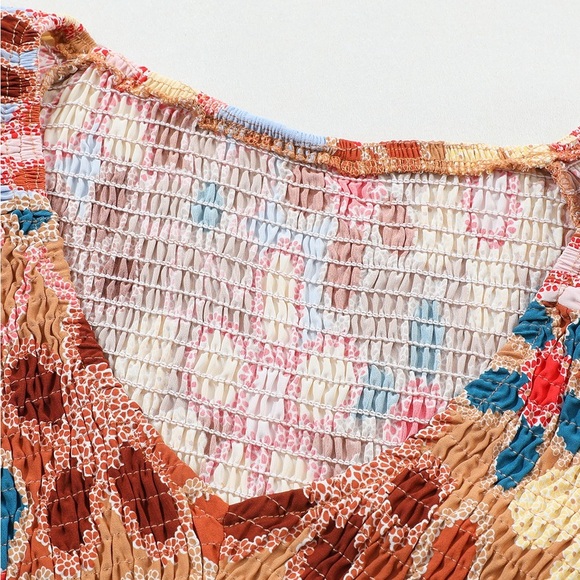 Apricot Boho Flower Print Puff Sleeve Peplum Top blouse V-Neck - Picture 7 of 13